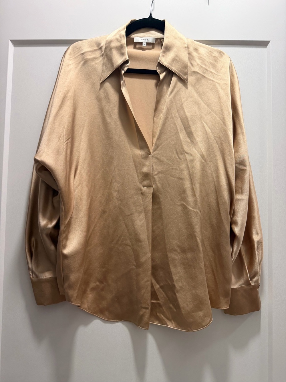Vince Satin Button-Down Blouse in Beige Champagne